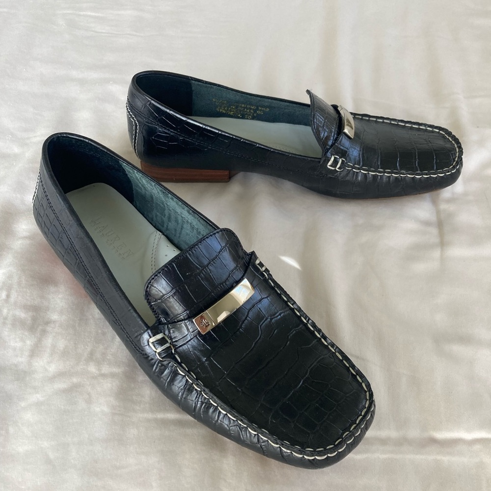 Ralph Lauren Black Croc Leather Loafer Flats